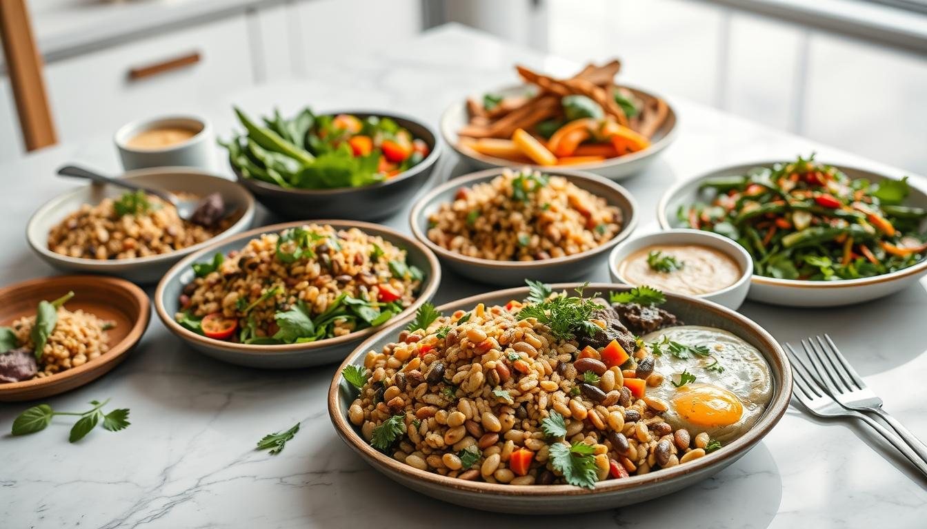 Balanced healthy meal prepared in a home kitchen